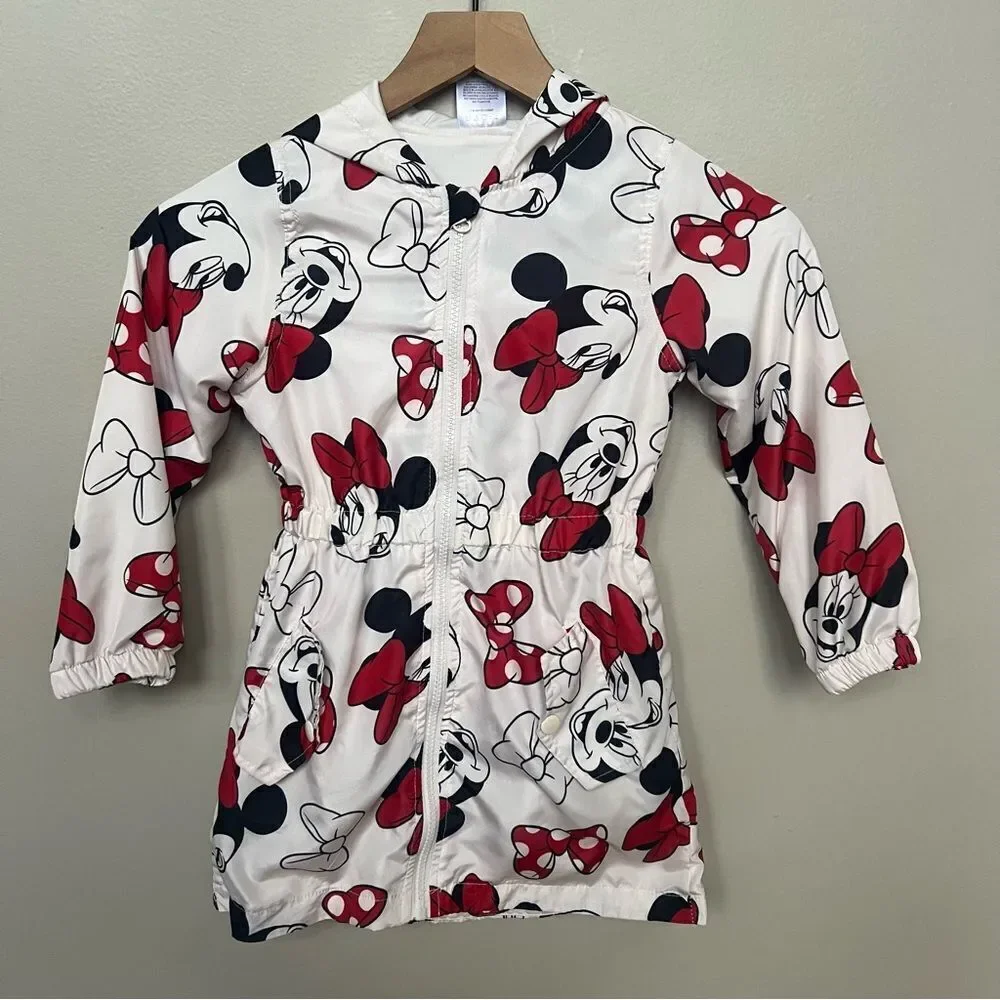 Disney Minnie Mouse Red and White Jacket Windbreaker White Red Black Hood Bow